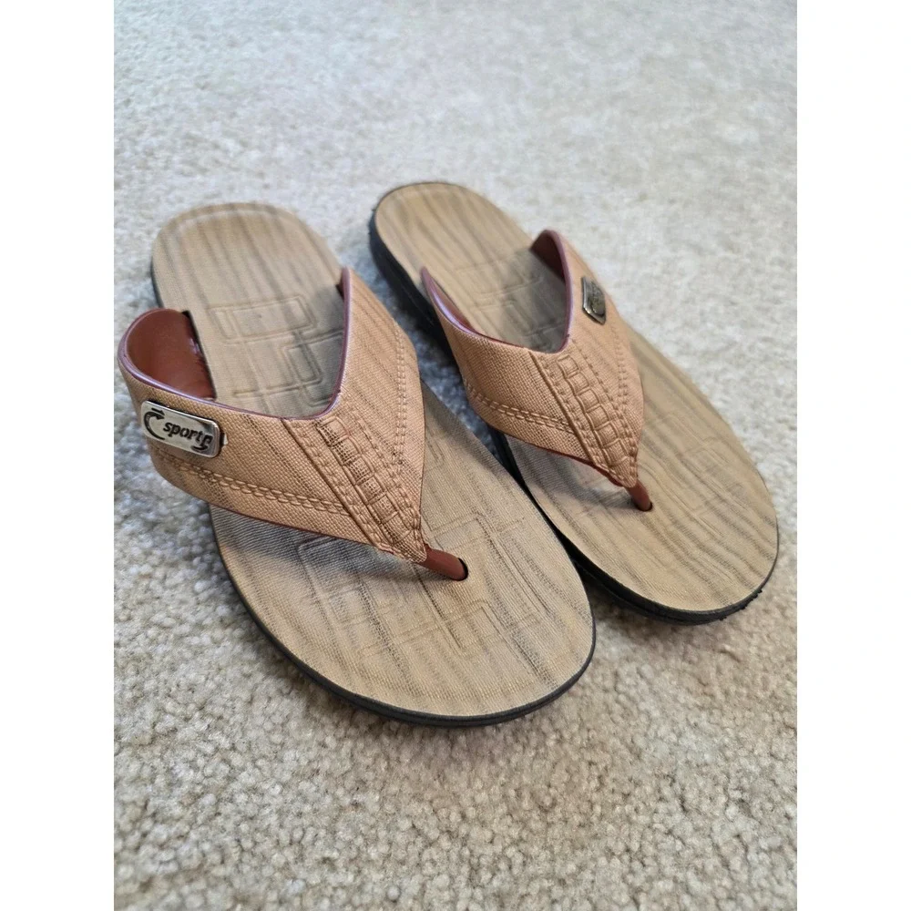 Sporty Tan Brown Wood Grain Textured Thong Sandals Flip Flops SX-788 Size 40